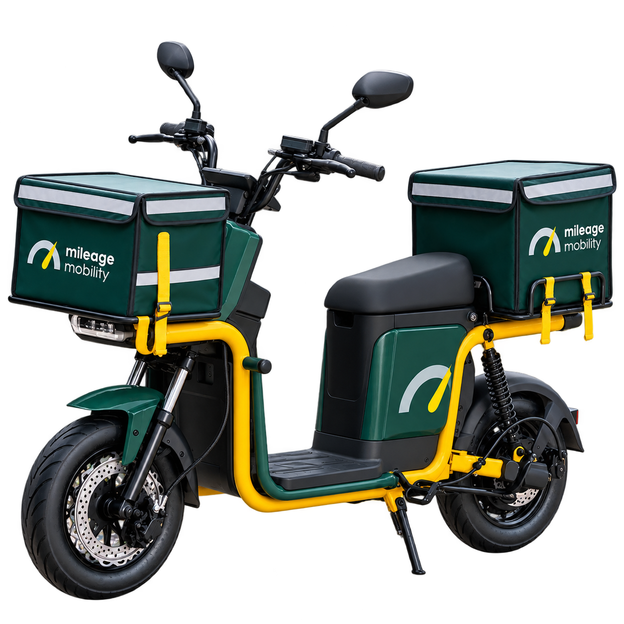 Mileage electric delivery bike with front and rear cargo boxes