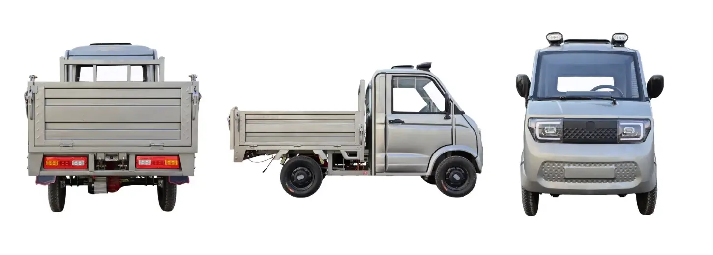 Compact electric pickup shown from the rear, side and front