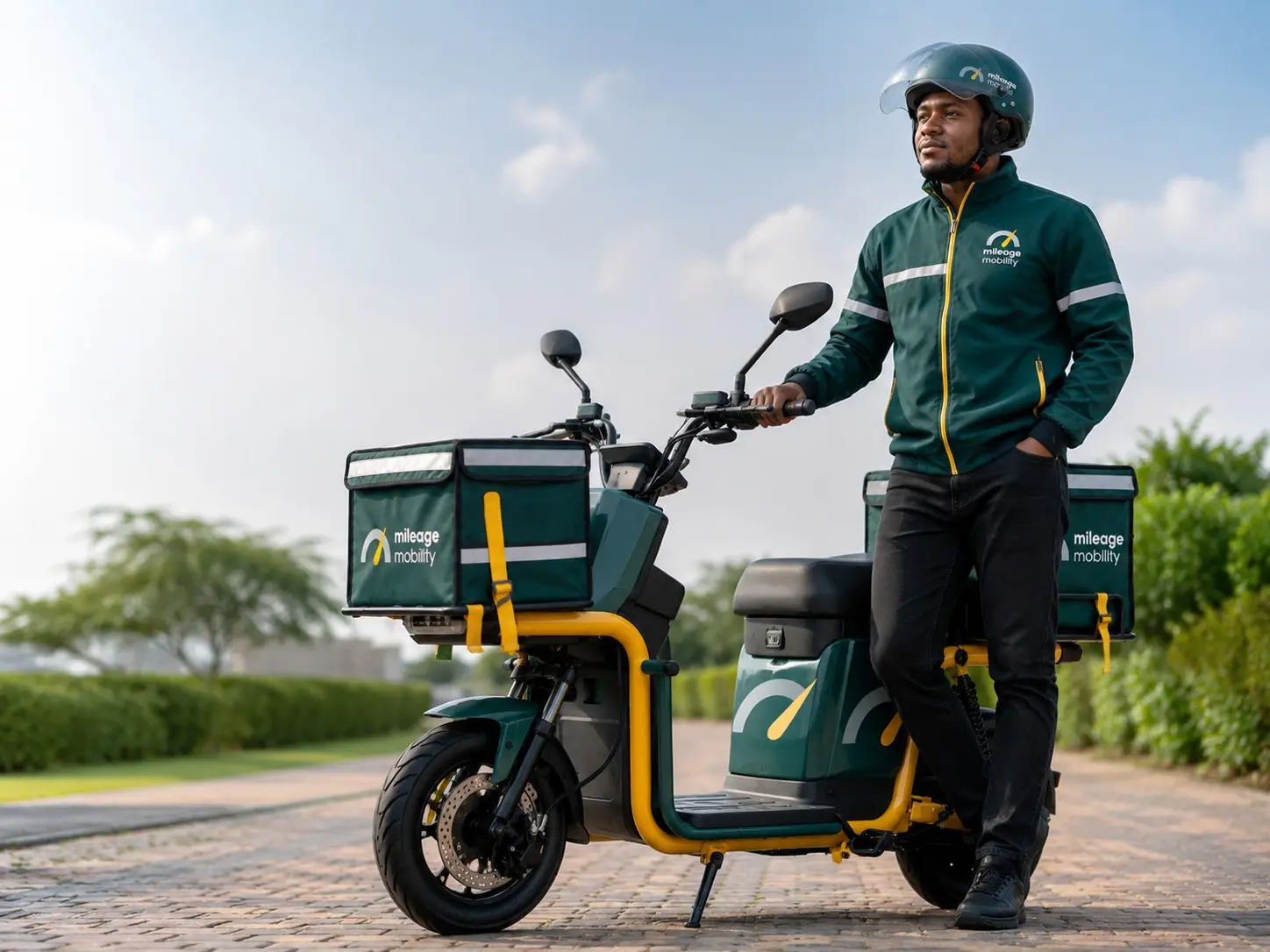 Mileage rider standing with an electric delivery bike